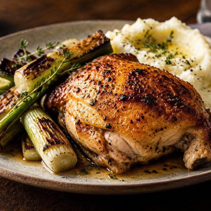 Roast chicken with charred leeks