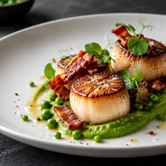 Seared scallops with pea purée