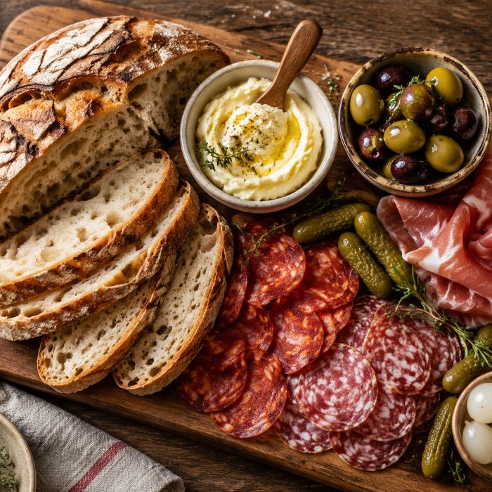 Sharing board with sourdough and cured meats